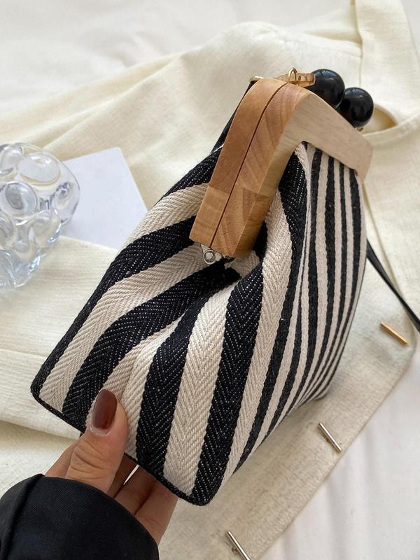 Women's Summer Vintage Striped Pattern Kiss Lock Canvas Crossbody Bag, Luxury Bags Crossbody, Summer 2024 New Shoulder Bag with Adjustable Strap, Back To School Bag for Working Gift