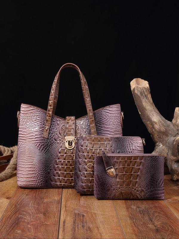 Women's Elegant Retro Crocodile Embossed Tote Bag Set, Luxury Summer Beach Essentials, Trendy Ombre Large Handbag & Cosmetic Bag & Square Purse As Gifts, Fashion Bag Set for Daily Use Unique Everyday Designer Bags