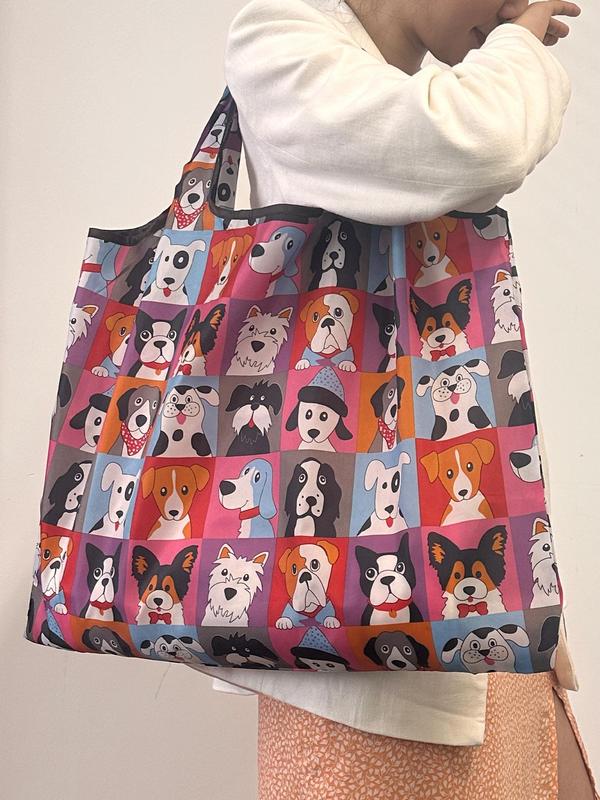 Cartoon Dog Pattern Tote Bag,  Lightweight Large Capacity Shopping Bag for Daily Use, Basic Style Foldable Shoulder Bag for Women & Men