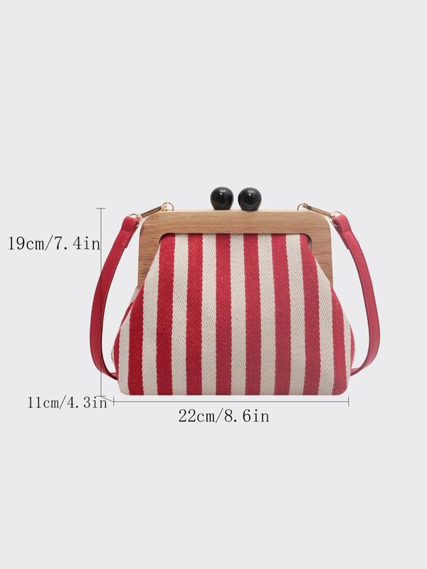 Women's Summer Vintage Striped Pattern Kiss Lock Canvas Crossbody Bag, Luxury Bags Crossbody, Summer 2024 New Shoulder Bag with Adjustable Strap, Back To School Bag for Working Gift