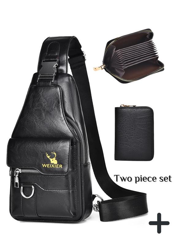 Men's Casual Plain Color Zipper Sling Bag (2pcs set), Fashionable Pu Leather Chest Bag with Card Holder, Casual Trendy Versatile High-quality Daily Commuting Bag