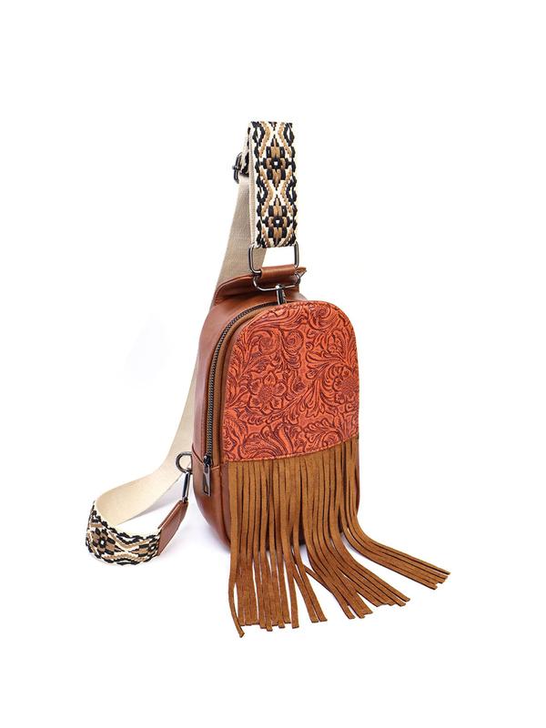 Boho Style Tassel Decorated Fanny Pack, Vintage Style Zipper Chest Bag for Women Girls, Fashionable Sling Bag for Women for Daily Travel Work Commute