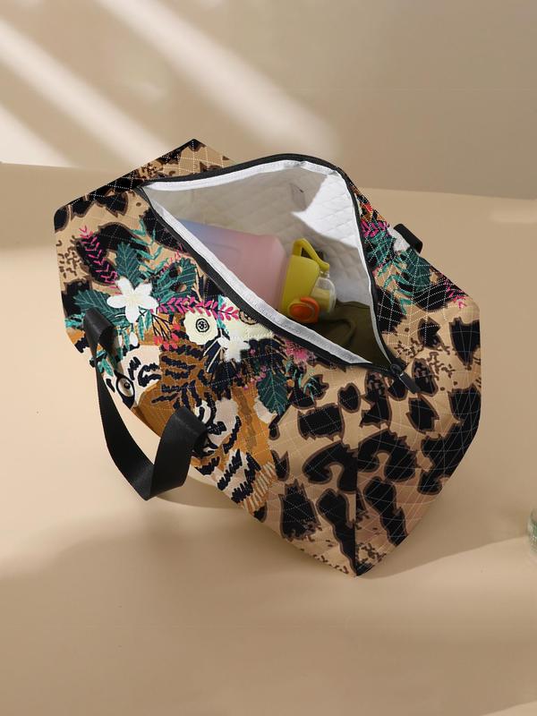 Leopard Tiger Embroidered Quilted Tote Bag, Large Capacity Travel Duffle Bag, Portable Overnight Stylish Travel Bag, Yoga Training Bag, Crossbody Bag with Shoe Storage