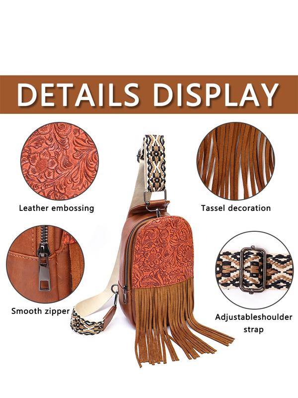 Boho Style Tassel Decorated Fanny Pack, Vintage Style Zipper Chest Bag for Women Girls, Fashionable Sling Bag for Women for Daily Travel Work Commute