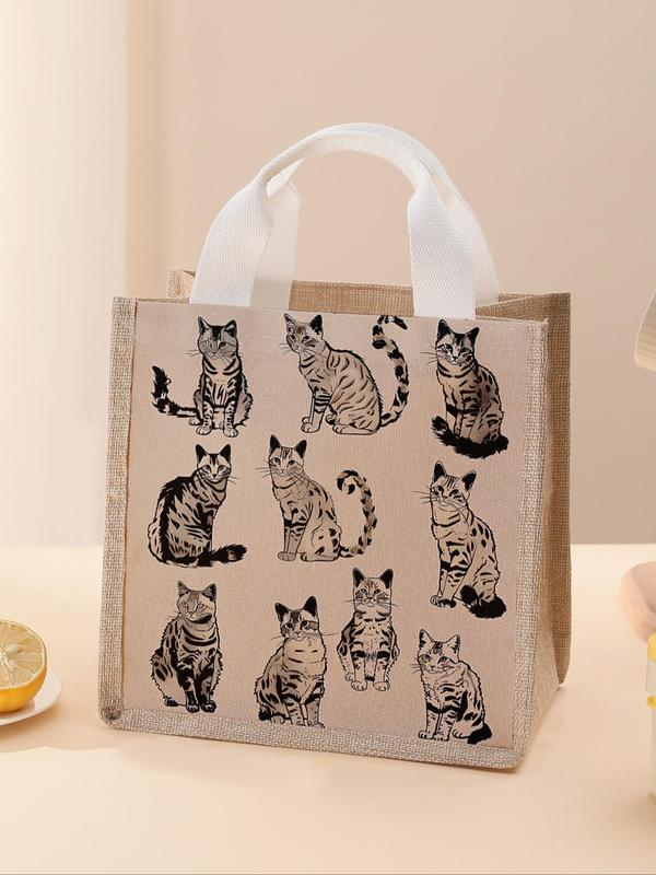 Cat Pattern Lunch Bag, Portable Lunch Box Handbag, Large Capacity Lunch Bag for Women & Men, Casual Lunch Bag for School & Office & Camping & Picnic