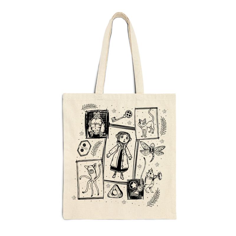 Coraline Doodles Tote Bag, Coraline Tote bags, Coraline Horror Movie, Halloween movie, Chritmas Gifts, Coraline Accessorie, Coraline Tote Bag Gift