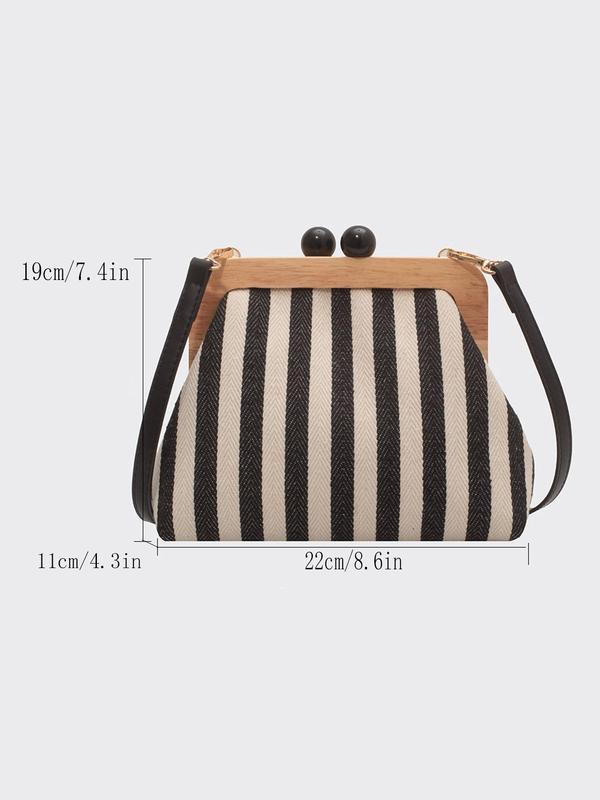 Women's Summer Vintage Striped Pattern Kiss Lock Canvas Crossbody Bag, Luxury Bags Crossbody, Summer 2024 New Shoulder Bag with Adjustable Strap, Back To School Bag for Working Gift