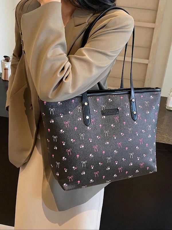 Fashion All Over Bowknot Print Label Patched Design Tote Bag, Casual Large Capacity Shoulder Bag for Women, Trendy Versatile High-quality Daily Commuting Bag, Girl Fashionable Bag