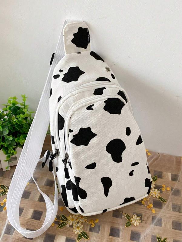 Unisex Cow Pattern Sling Bag, Cute Cartoon Canvas Chest Bag, Small Crossbody Bag For Outdoor Sports Travel College Bag Fathers Day Gifts Freshman For Back To School Multi-Functional Dorm University Halloween Fall Christmas Scream Belt Bag Travel Bag