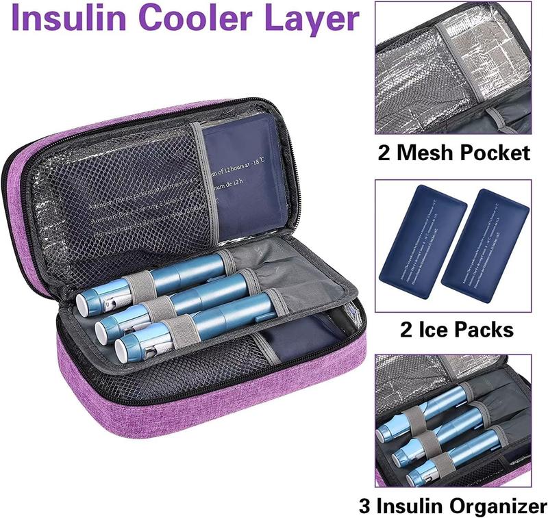 Diabetic Travel Case, Double Layer Insulin Cooler Travel Case for Women with 2 Ice Packs, Diabetic Supplies Pen Case with Medication Storage for Insulin Pens,  Glucose Meter, Purple