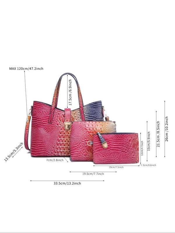 Women's Elegant Retro Crocodile Embossed Tote Bag Set, Luxury Summer Beach Essentials, Trendy Ombre Large Handbag & Cosmetic Bag & Square Purse As Gifts, Fashion Bag Set for Daily Use Unique Everyday Designer Bags