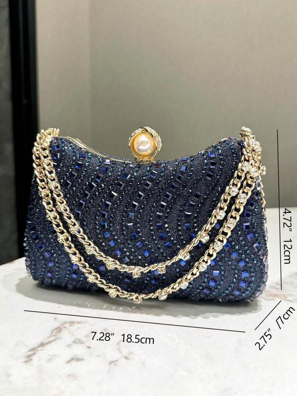 Women's Elegant Rhinestone & Faux Pearl Decorated Handbag, Exquisite Trendy Chain Strap Clutch Bag, Fashionable Handbag for Party Decoration