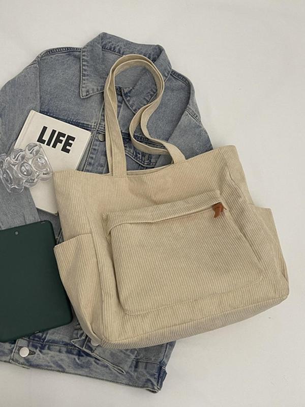 Women's Solid Color Corduroy Tote Bag, Large Capacity Shoulder Bag for Daily Used, Casual Trendy Versatile High-quality Daily Commuting Bag, Girl Fashionable Shopping Bag