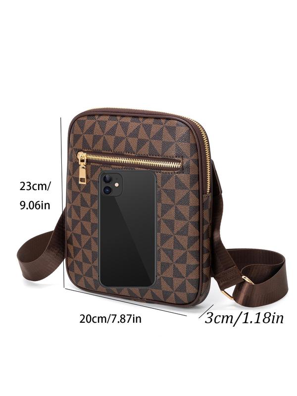 Men's Random Print Zipper Crossbody Bag, Fashionable Casual Plain Pu Leather Shoulder Bag for Daily Used, Casual Trendy Versatile High-quality Daily Commuting Bag