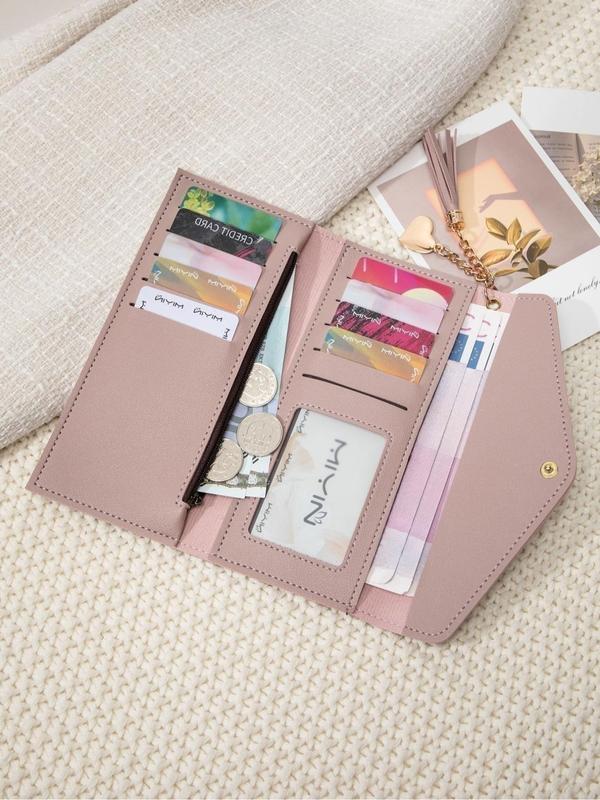 Women's Fashionable Heart Decor Tassel Design Long Wallet, Casual PU Leather Zipper Wallet for Daily Used, Versatile Ultra-slim Card Holder