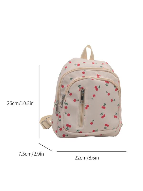 Cherry Pattern Backpack, Casual Fruit Pattern Zipper Backpack for Women & Girls, Fashionable Backpack for Daily Use