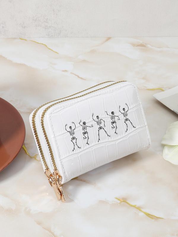 Women's Cartoon Skeleton Pattern Zipper Short Wallet, Casual Multi-functional Large Capacity Coin Purse, Double Zipper Short Wallet, Credit Card Clip