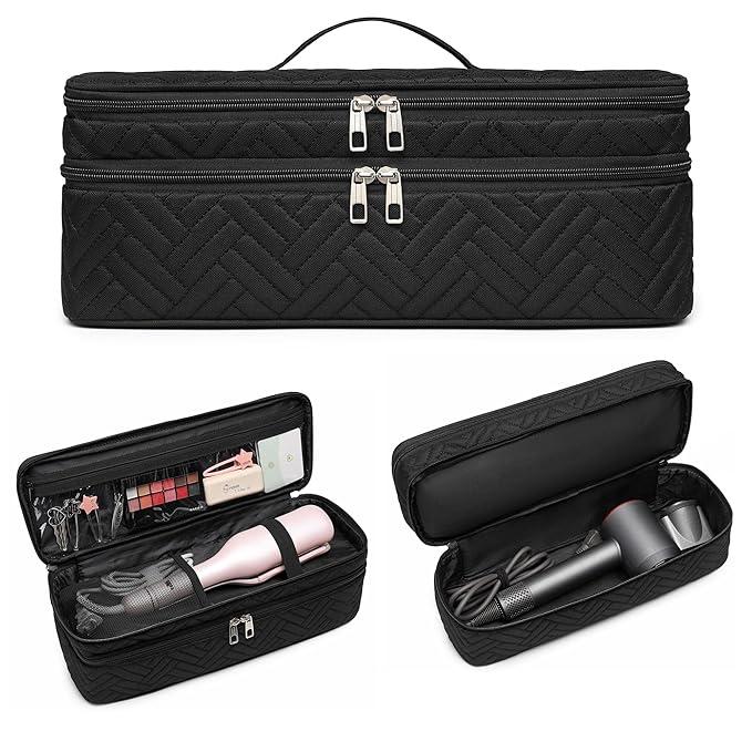 Double-Layer Hair Dryer Volumizer Styler Carrying Case - Water Resistant Travel Organizer for FlexStyle Attachment (Bag Only) - Black Solid Print