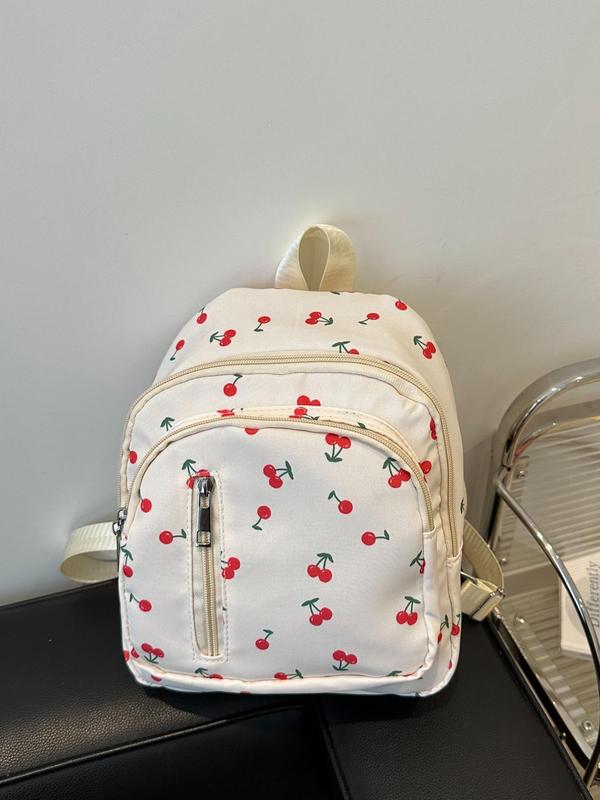 Cherry Pattern Backpack, Casual Fruit Pattern Zipper Backpack for Women & Girls, Fashionable Backpack for Daily Use