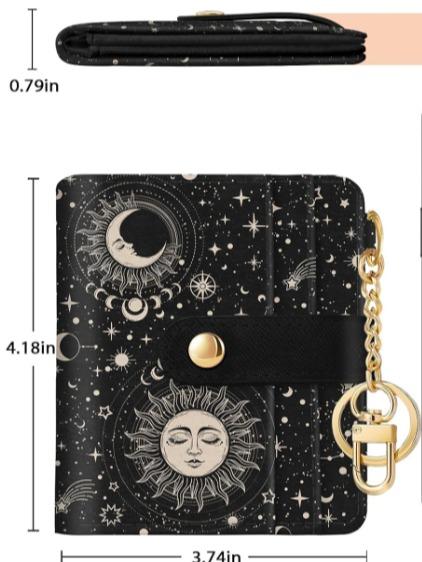 Women Wallet, Small Slim Thin Credit Card Wallet, PU Leather Bifold with Zipper Coin Sun and Moon Design