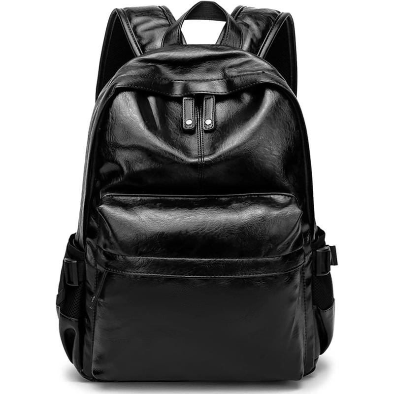 Leather Laptop Backpack for Men Women,  College Bookbag Casual Travel Daypack (Black)