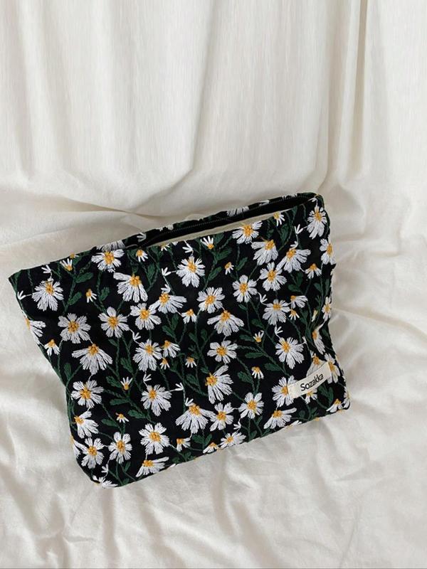 Floral Embroidery Cute Makeup Bag, Large Capacity Cosmetic Storage Bag, Summer Fashionable Travel Cosmetic Bag for Women, Bathroom Shower Cosmetic Bag, Toiletry Travel Bag for Fall Travel Essentials