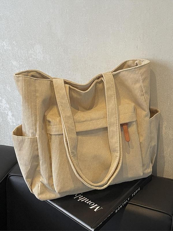 Women's Solid Color Corduroy Tote Bag, Large Capacity Shoulder Bag for Daily Used, Casual Trendy Versatile High-quality Daily Commuting Bag, Girl Fashionable Shopping Bag