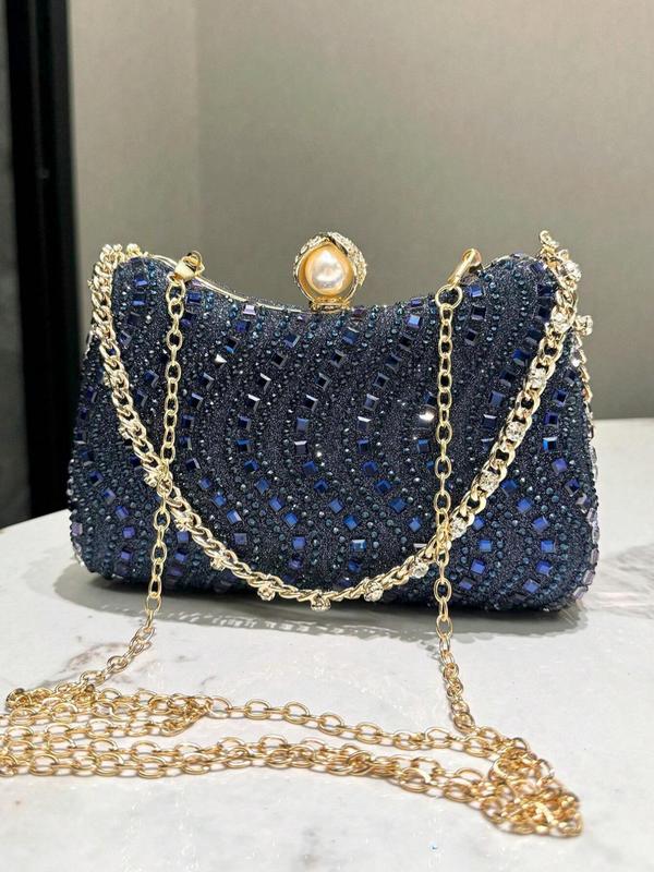 Women's Elegant Rhinestone & Faux Pearl Decorated Handbag, Exquisite Trendy Chain Strap Clutch Bag, Fashionable Handbag for Party Decoration