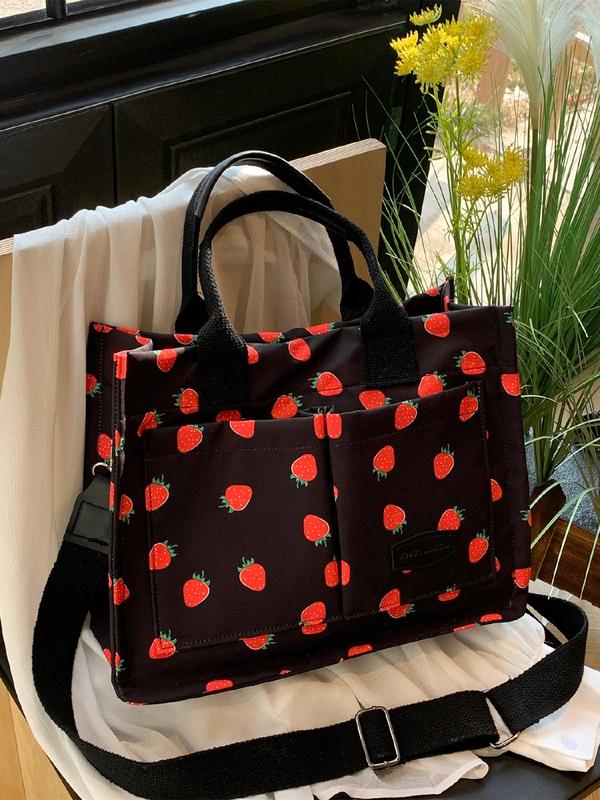 Women's Cute Strawberry Tote Bag, Large Capacity Crossbody Bag for Daily Work Fall Festival, Casual Commuting Handbag for Women & Girls Back To School, Trail Sport Bag, Fall Outfits, Fall Freshness