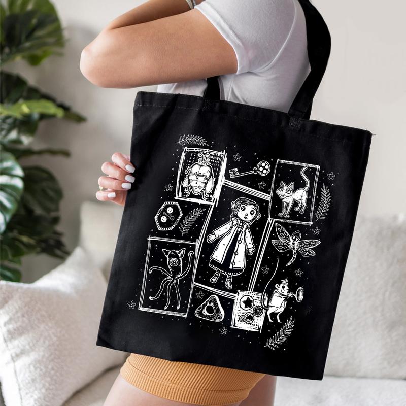 Coraline Doodles Tote Bag, Coraline Tote bags, Coraline Horror Movie, Halloween movie, Chritmas Gifts, Coraline Accessorie, Coraline Tote Bag Gift