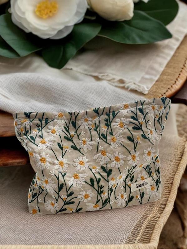 Floral Embroidery Cute Makeup Bag, Large Capacity Cosmetic Storage Bag, Summer Fashionable Travel Cosmetic Bag for Women, Bathroom Shower Cosmetic Bag, Toiletry Travel Bag for Fall Travel Essentials