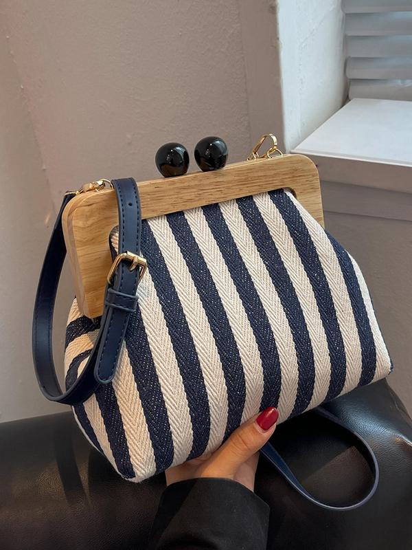 Women's Summer Vintage Striped Pattern Kiss Lock Canvas Crossbody Bag, Luxury Bags Crossbody, Summer 2024 New Shoulder Bag with Adjustable Strap, Back To School Bag for Working Gift