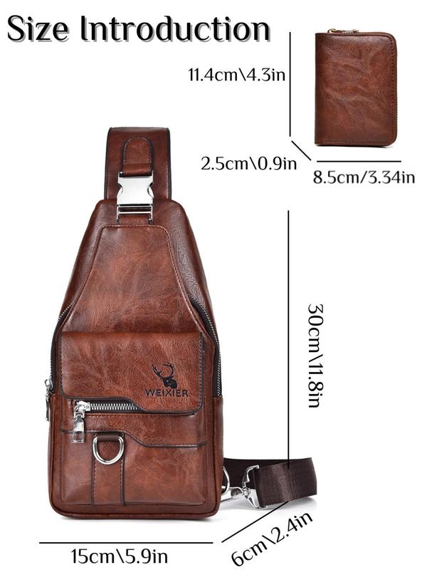 Men's Casual Plain Color Zipper Sling Bag (2pcs set), Fashionable Pu Leather Chest Bag with Card Holder, Casual Trendy Versatile High-quality Daily Commuting Bag