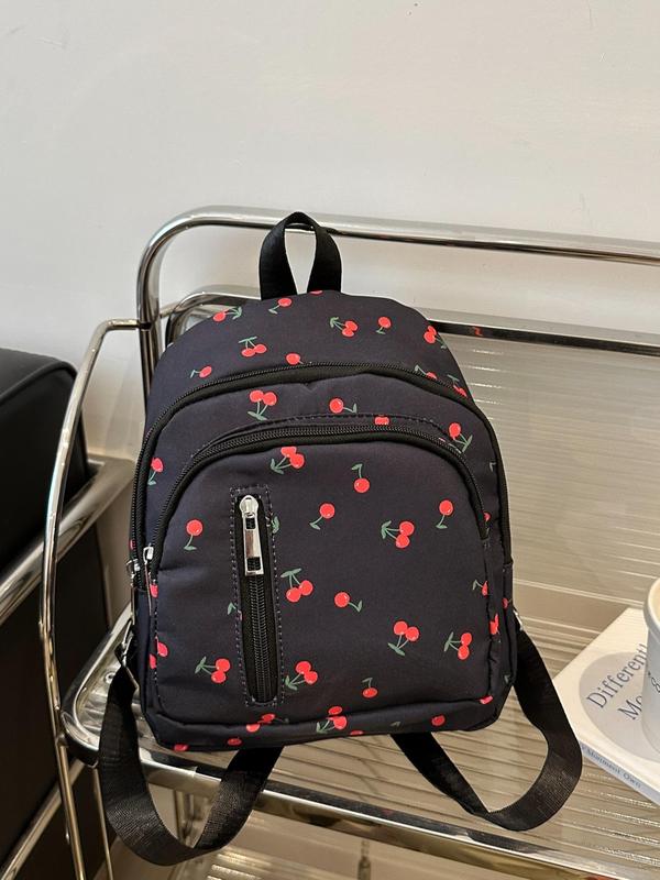 Cherry Pattern Backpack, Casual Fruit Pattern Zipper Backpack for Women & Girls, Fashionable Backpack for Daily Use