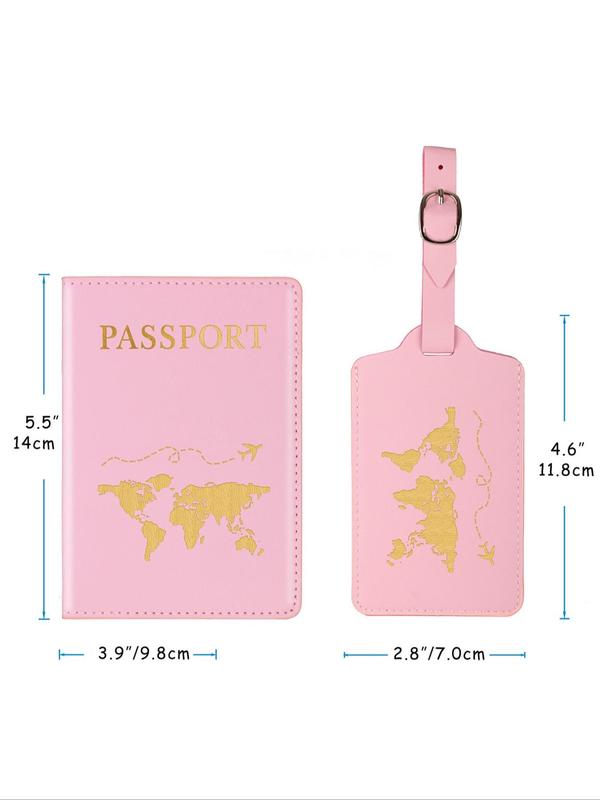 Summer Letter Design Pu Leather Passport Cover Case & Luggage Tag Set, Card and Passport Holder for Women and Men, Luggage Accessories for Travel