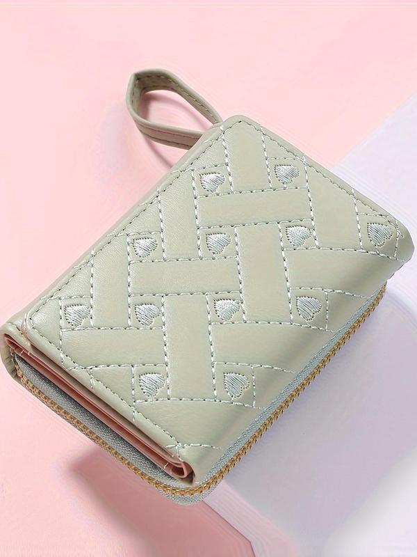 Women's Heart Embroidered Zipper Bifold Wallet, Fashionable PU Leather Card Holder, Casual Versatile Wallet for Daily Use