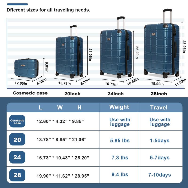 Hard shell luggage set of 4 pieces, ABS+PC hard surface lightweight suitcase set with TSA lock rotating wheel suitcase (12 