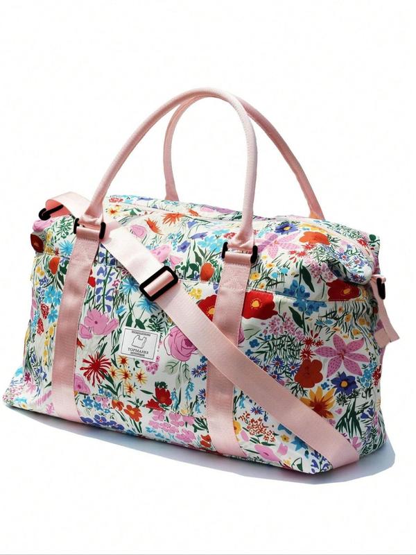 Trendy Floral Print Travel Bag, Large Capacity Fashionable and Versatile Luggage Bag, Women's Plant Colorful Printed Diagonal Shoulder Bag