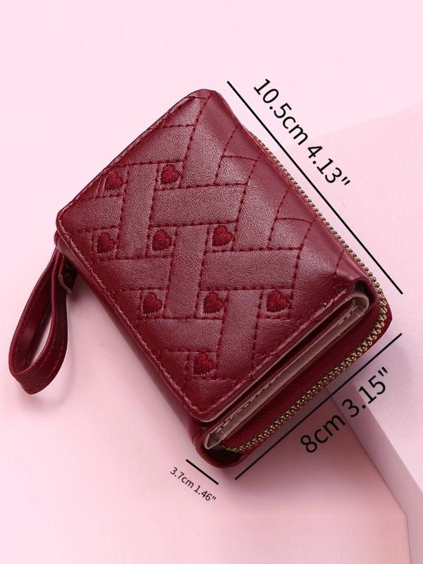 Women's Heart Embroidered Zipper Bifold Wallet, Fashionable PU Leather Card Holder, Casual Versatile Wallet for Daily Use