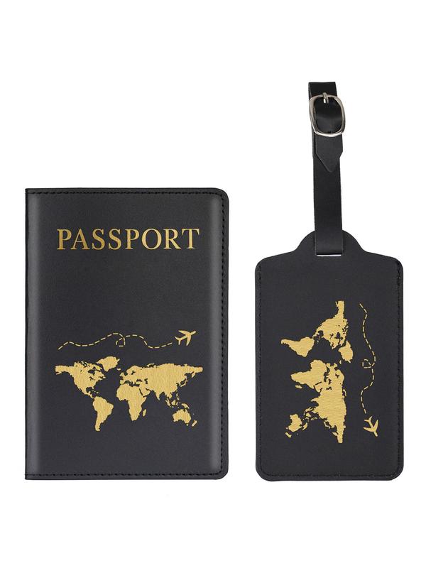 Summer Letter Design Pu Leather Passport Cover Case & Luggage Tag Set, Card and Passport Holder for Women and Men, Luggage Accessories for Travel