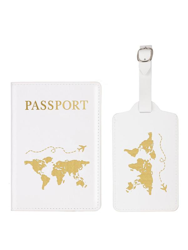 Summer Letter Design Pu Leather Passport Cover Case & Luggage Tag Set, Card and Passport Holder for Women and Men, Luggage Accessories for Travel