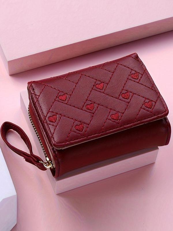 Women's Heart Embroidered Zipper Bifold Wallet, Fashionable PU Leather Card Holder, Casual Versatile Wallet for Daily Use