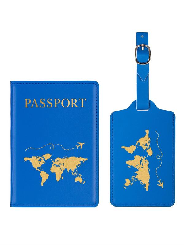 Summer Letter Design Pu Leather Passport Cover Case & Luggage Tag Set, Card and Passport Holder for Women and Men, Luggage Accessories for Travel