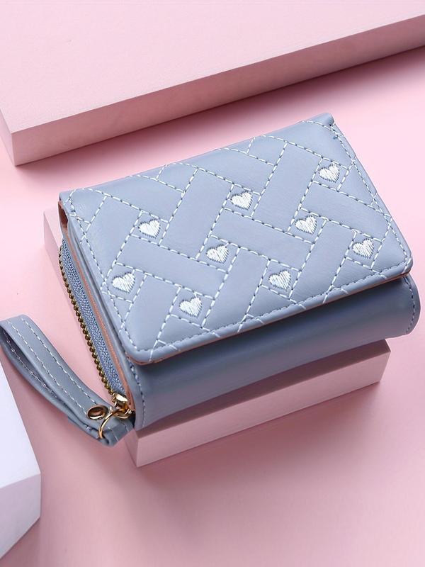 Women's Heart Embroidered Zipper Bifold Wallet, Fashionable PU Leather Card Holder, Casual Versatile Wallet for Daily Use