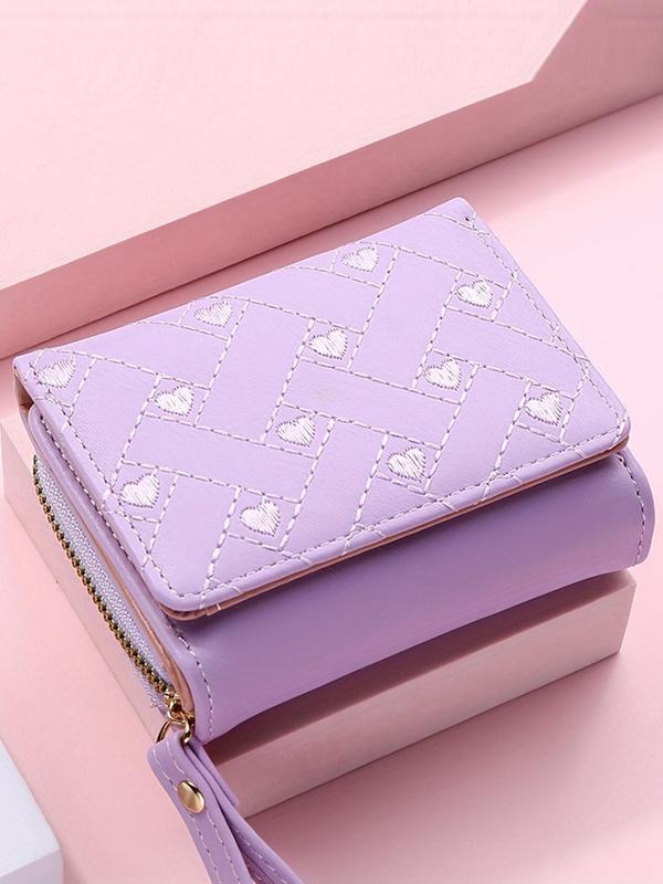 Women's Heart Embroidered Zipper Bifold Wallet, Fashionable PU Leather Card Holder, Casual Versatile Wallet for Daily Use