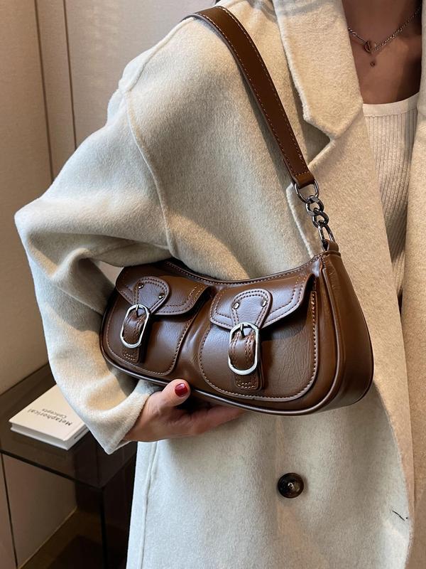 Women's Street Trend Belted Design Baguette Bag, Trendy Y2k Shoulder Clutch, Chic All-match PU Leather Shoulder Bag for Daily Use