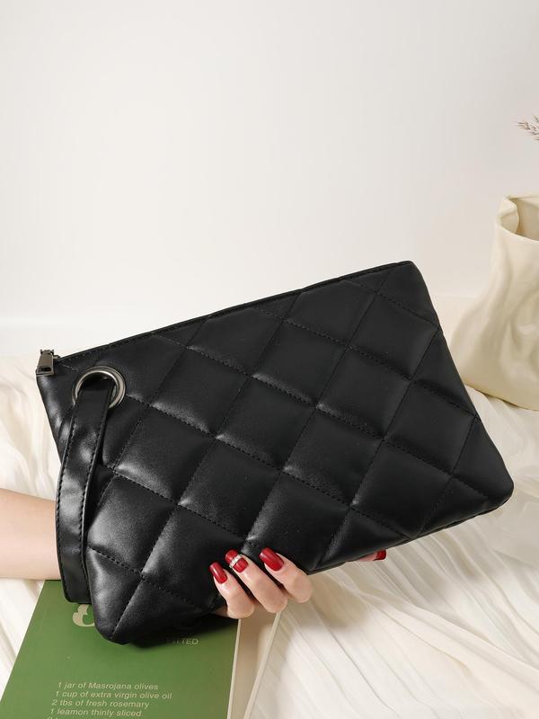 Women's Fashionable Solid Color Quilted Clutch Bag, Trendy Square Handbag with Wristlet, Women's Coin Purse, Phone Bag, Makeup Bag