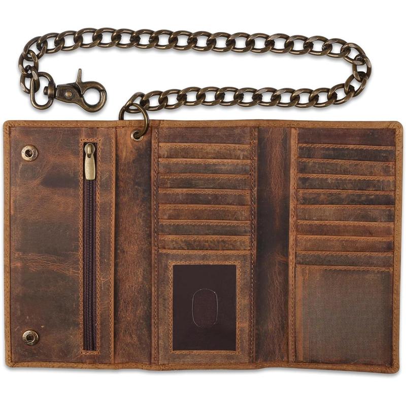 RFID Blocking Mens Tri-fold Long Style buffalo crazy horse Leather Steel Chain Wallet,vintage brown floral,212-40