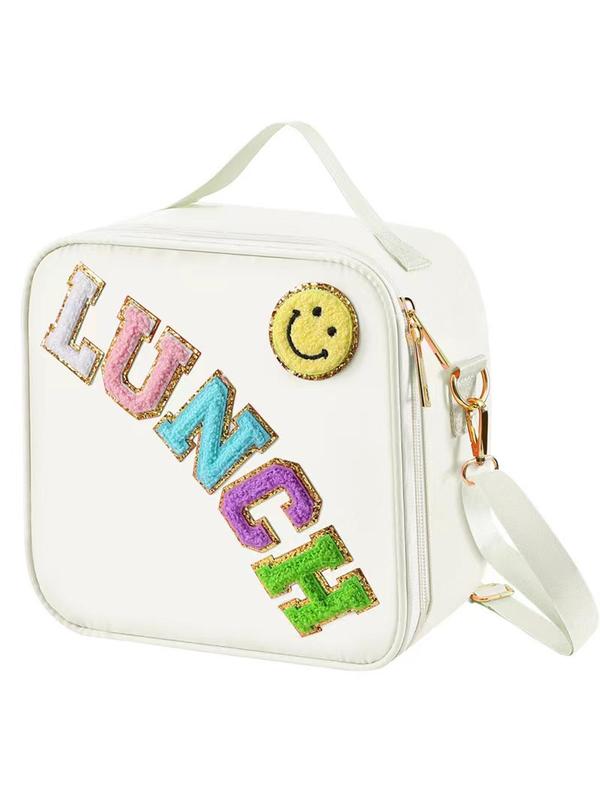 Letters & Cartoon Smile Face Embroidery Lunch Bag, Large Capacity Lunch Bag, Portable Insulated Waterproof Lunch Bag for Kids & Adults