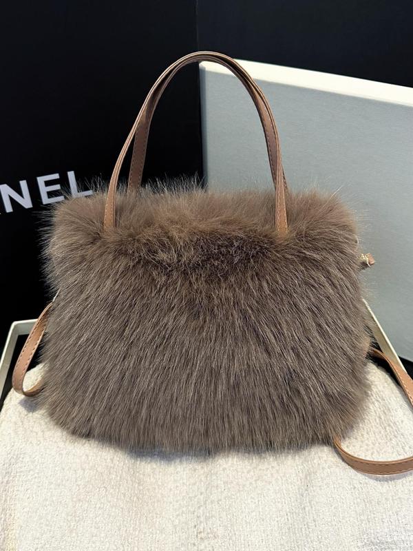 Solid Fluffy Handbag, Fashionable Faux Fur Crossbody Bag for Women, Casual Trendy Versatile High-quality Daily Commuting Bag